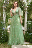 Load image into Gallery viewer, A-Line V-Neck Embroidery Green Long Formal Dress with Short Sleeves