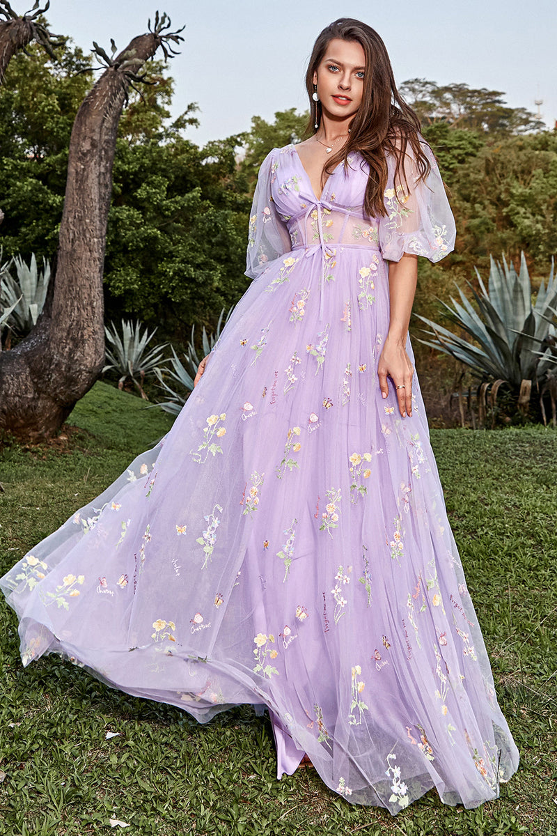 Load image into Gallery viewer, A-Line V-Neck Embroidery Lavender Long Formal Dress with Short Sleeves