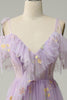 Load image into Gallery viewer, A-Line V-Neck Spaghetti Straps Embroidery Lavender Long Formal Dress with Slit