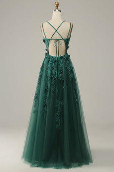 Dark Green A Line Tulle Formal Dress with Slit