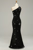 Load image into Gallery viewer, Sparkly Sheath One Shoulder Black Sequins Long Formal Dress with Star