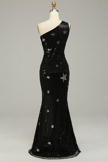 Sparkly Sheath One Shoulder Black Sequins Long Formal Dress with Star