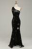 Load image into Gallery viewer, Sparkly Sheath One Shoulder Black Sequins Long Formal Dress with Star