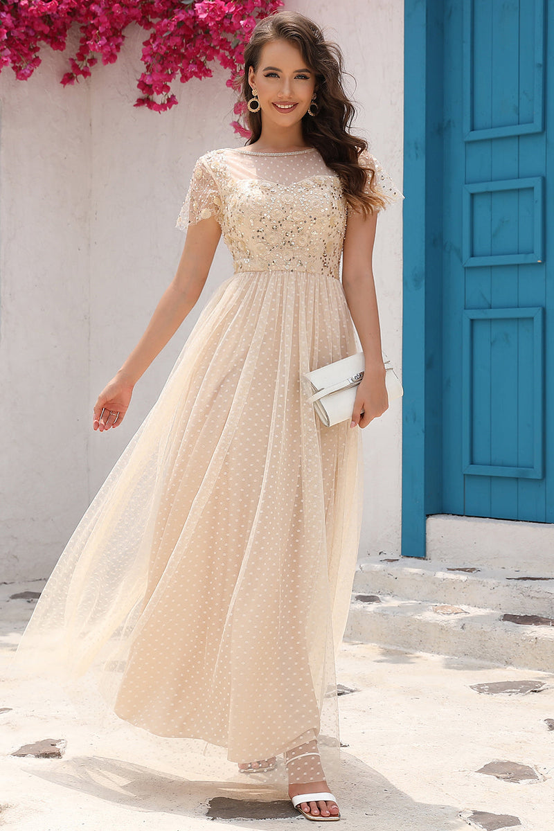 Load image into Gallery viewer, A Line Tulle Apricot Sequins Formal Dress with Appliques