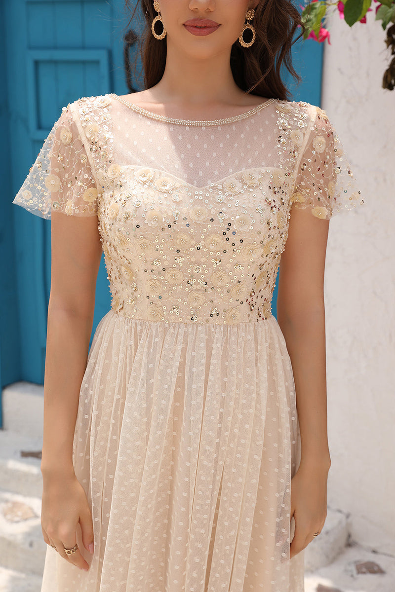 Load image into Gallery viewer, A Line Tulle Apricot Sequins Formal Dress with Appliques