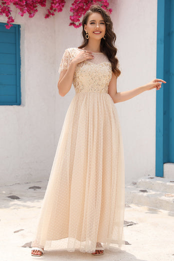 A Line Tulle Apricot Sequins Formal Dress with Appliques