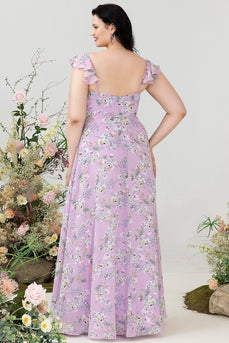 Purple Floral Print Plus Size Bridesmaid Dress