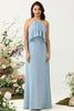 Load image into Gallery viewer, A Line Halter Neck Blue Long Bridesmaid Dress