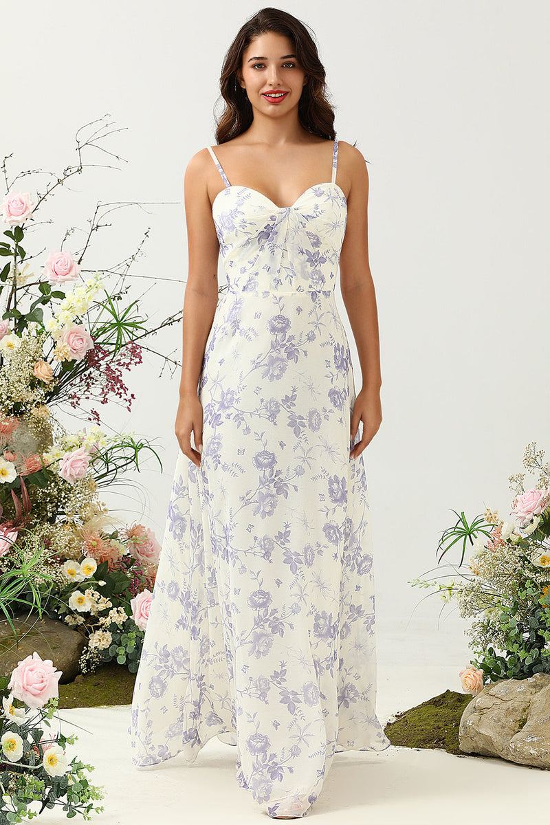 Load image into Gallery viewer, A Line Spaghetti Straps Purple Flower Printed Long Bridesmaid Dress