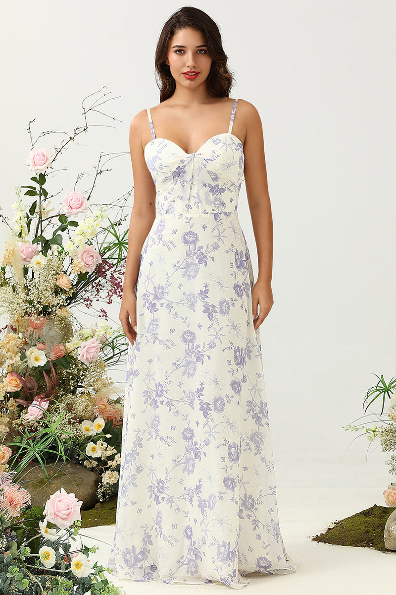 Load image into Gallery viewer, A Line Spaghetti Straps Purple Flower Printed Long Bridesmaid Dress