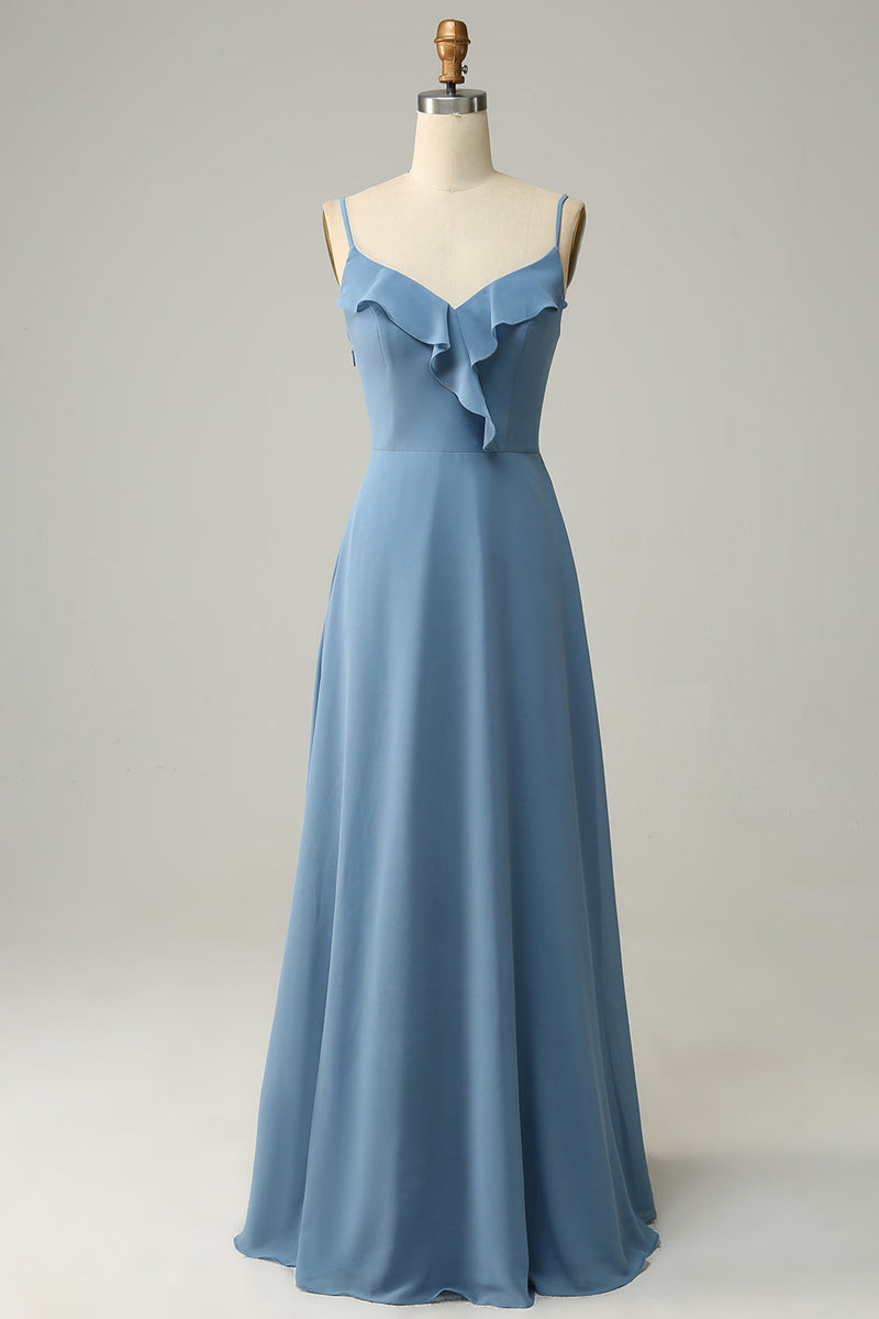 Load image into Gallery viewer, A Line Spaghetti Straps Grey Blue Long Bridesmaid Dress with Ruffles