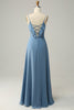 Load image into Gallery viewer, A Line Spaghetti Straps Grey Blue Long Bridesmaid Dress with Ruffles