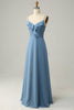 Load image into Gallery viewer, A Line Spaghetti Straps Grey Blue Long Bridesmaid Dress with Ruffles