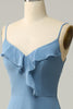 Load image into Gallery viewer, A Line Spaghetti Straps Grey Blue Long Bridesmaid Dress with Ruffles