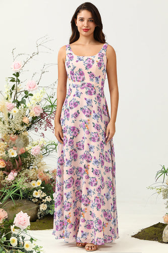 A Line Square Neck Pink Floral Printed Long Bridesmaid Dress with Open Back