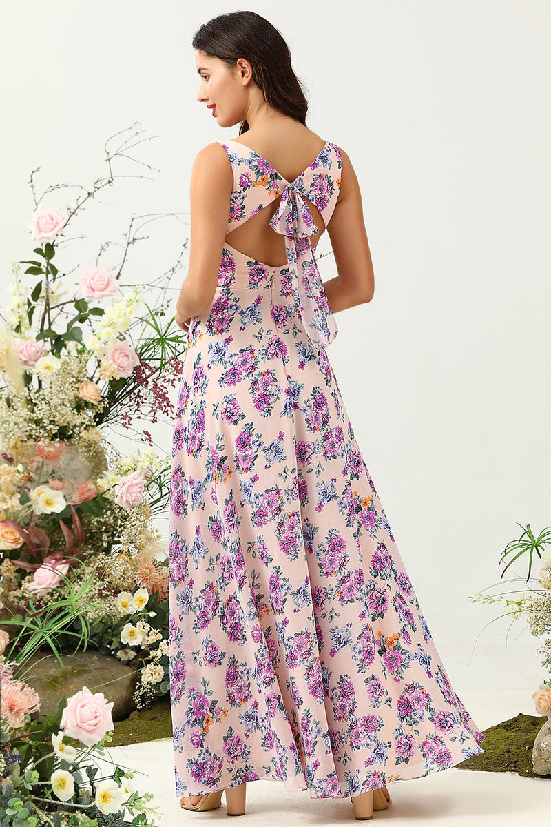 Load image into Gallery viewer, Blush Purple Flower Boho Chiffon Bridesmaid Dress