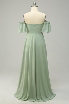 A Line Off the Shoulder Green Long Bridesmaid Dress with Ruffles