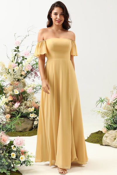 A Line Off the Shoulder Yellow Long Bridesmaid Dress