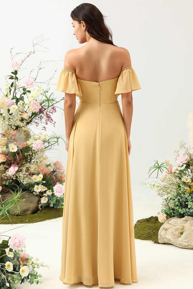 Load image into Gallery viewer, A Line Off the Shoulder Yellow Long Bridesmaid Dress