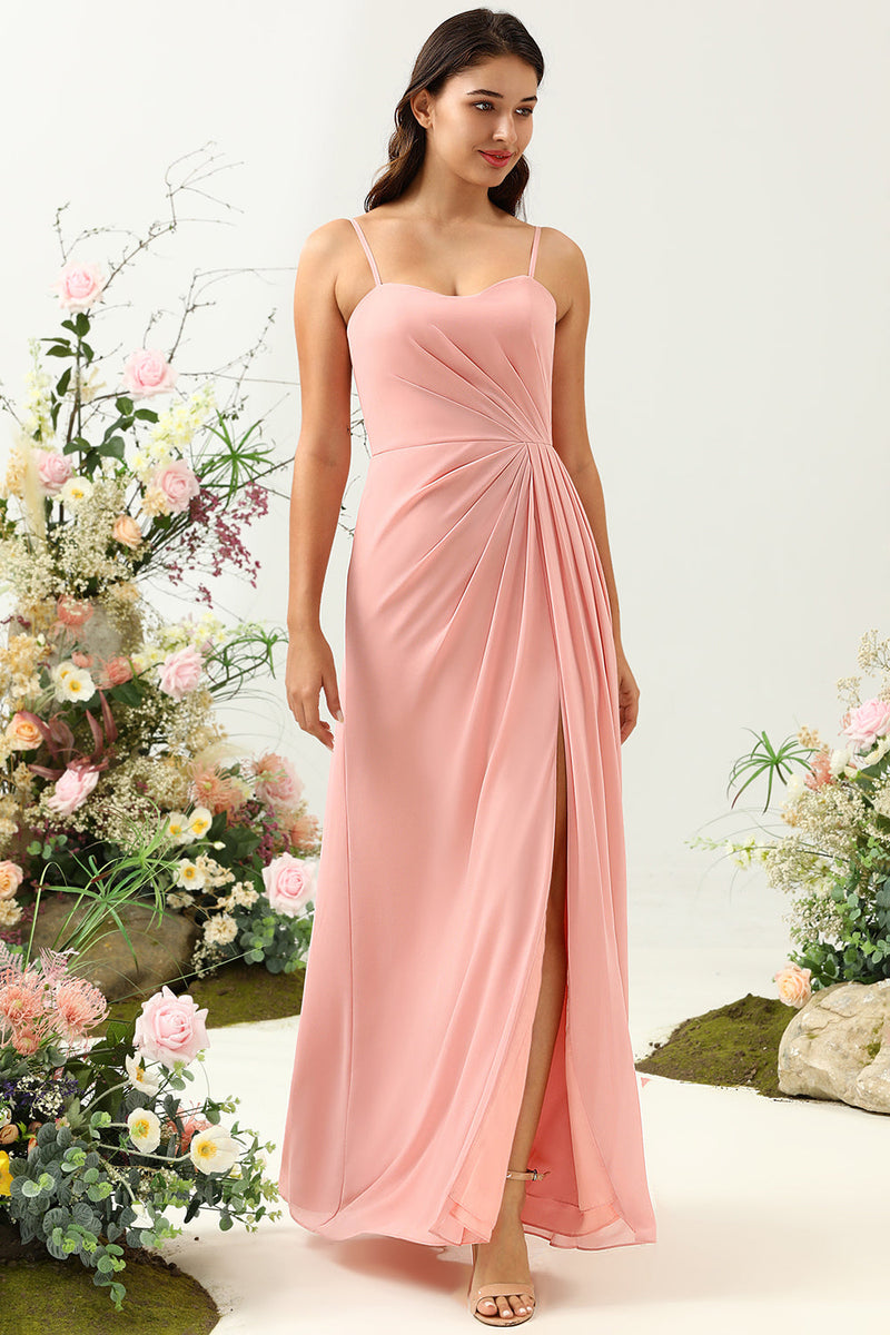 Load image into Gallery viewer, A Line Spaghetti Straps Blush Long Bridesmaid Dress with Split Front