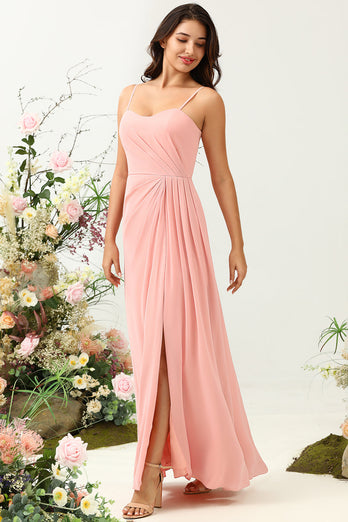 A Line Spaghetti Straps Blush Long Bridesmaid Dress with Split Front