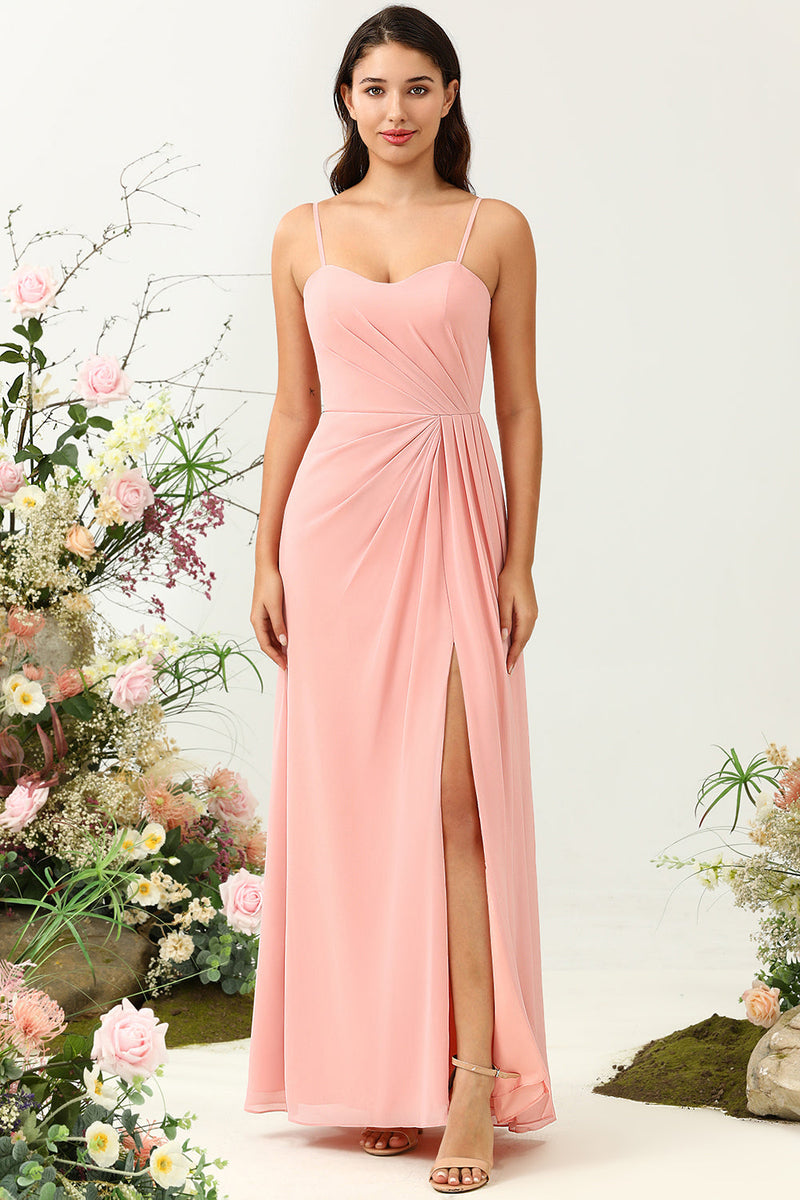 Load image into Gallery viewer, A Line Spaghetti Straps Blush Long Bridesmaid Dress with Split Front