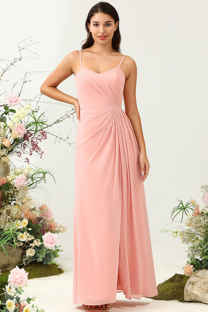 Load image into Gallery viewer, A Line Spaghetti Straps Blush Long Bridesmaid Dress with Split Front