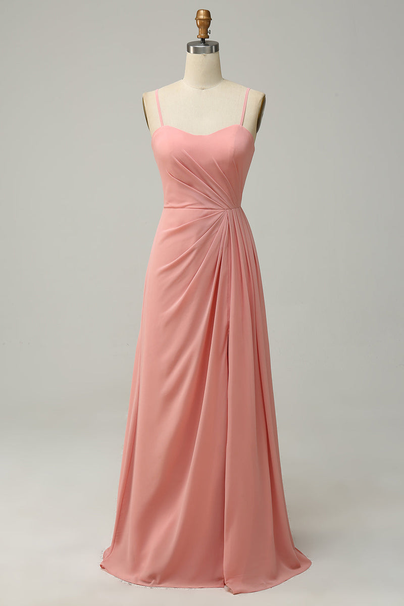 Load image into Gallery viewer, A Line Spaghetti Straps Blush Long Bridesmaid Dress with Split Front