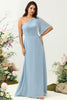 Load image into Gallery viewer, Grey Blue One Shoulder Chiffon Boho Bridesmaid Dress