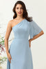 Load image into Gallery viewer, Grey Blue One Shoulder Chiffon Boho Bridesmaid Dress