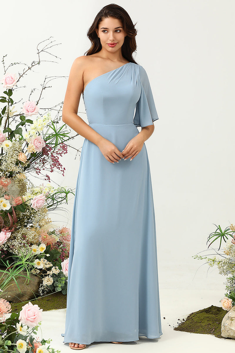 Load image into Gallery viewer, Grey Blue One Shoulder Chiffon Boho Bridesmaid Dress