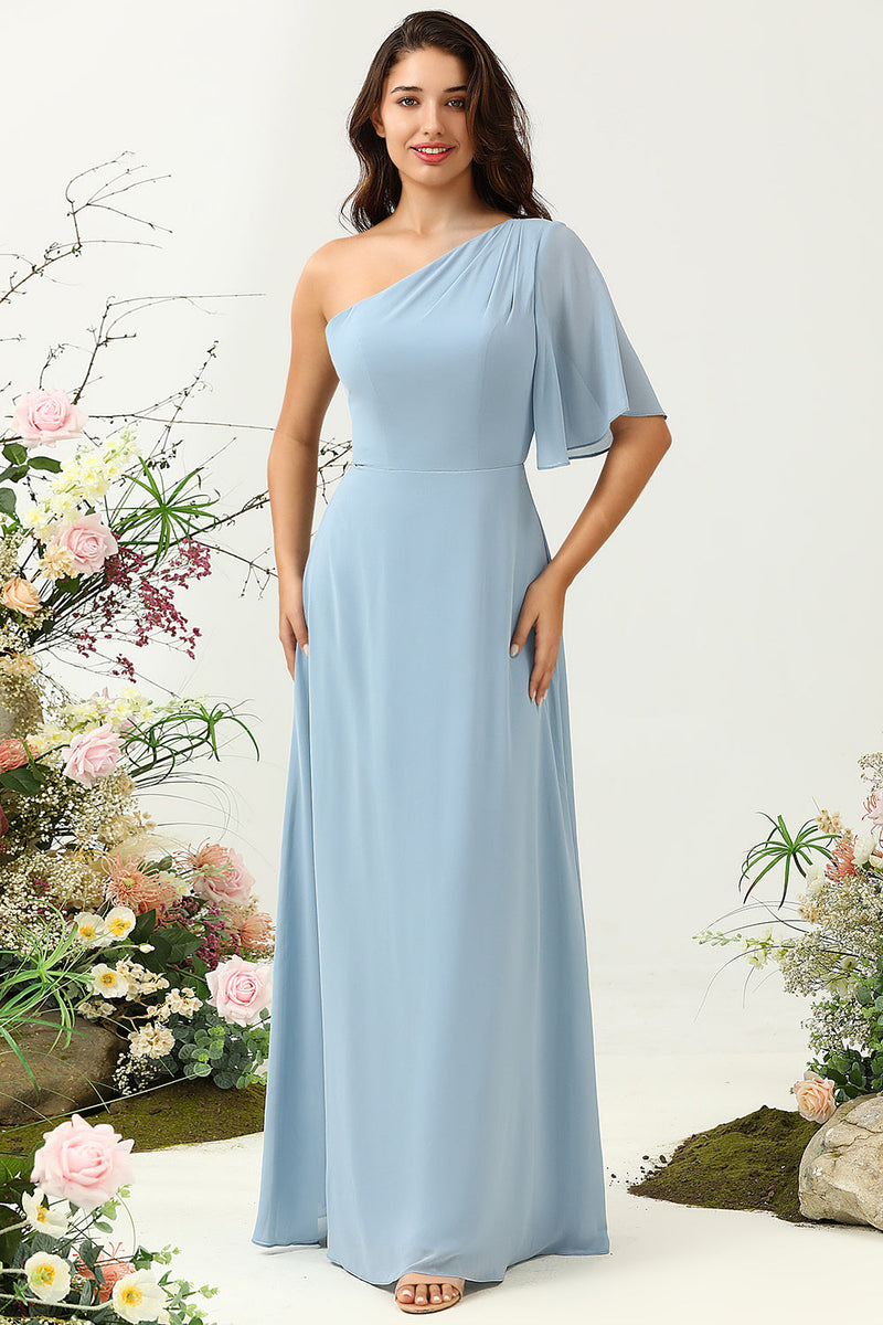 Load image into Gallery viewer, Grey Blue One Shoulder Chiffon Boho Bridesmaid Dress