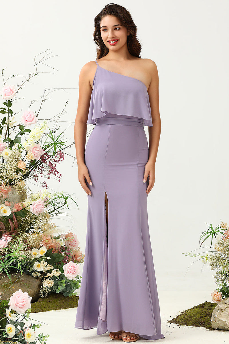 Load image into Gallery viewer, Sheath One Shoulder Purple Plus Size Bridesmaid Dress with Silt