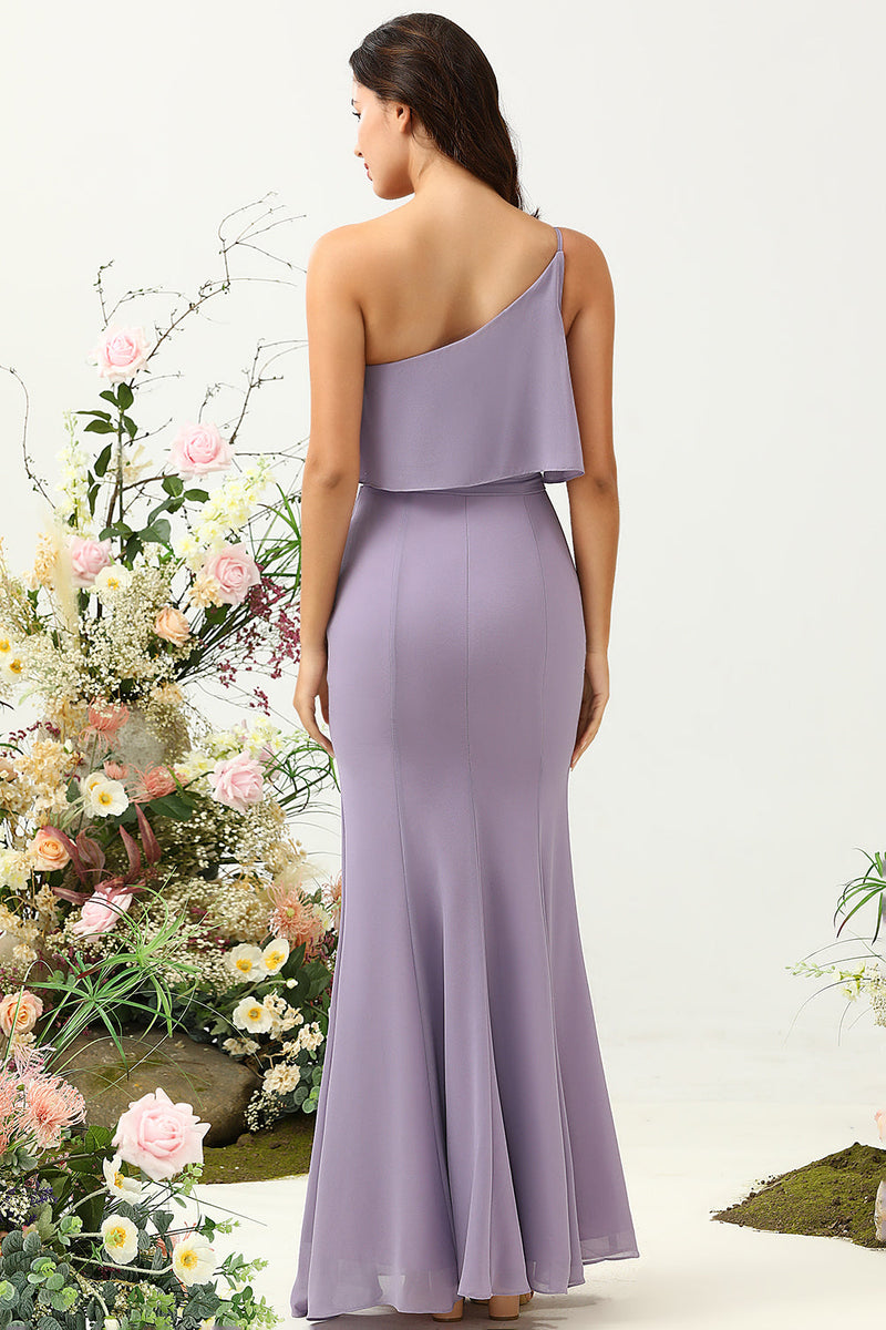 Load image into Gallery viewer, Sheath One Shoulder Purple Plus Size Bridesmaid Dress with Silt