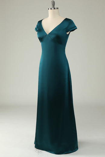 Satin V-Neck Dark Green Long Formal Dress