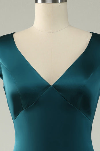 Satin V-Neck Dark Green Long Formal Dress