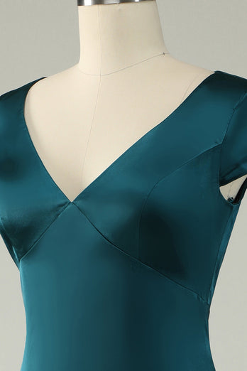 Satin V-Neck Dark Green Long Formal Dress