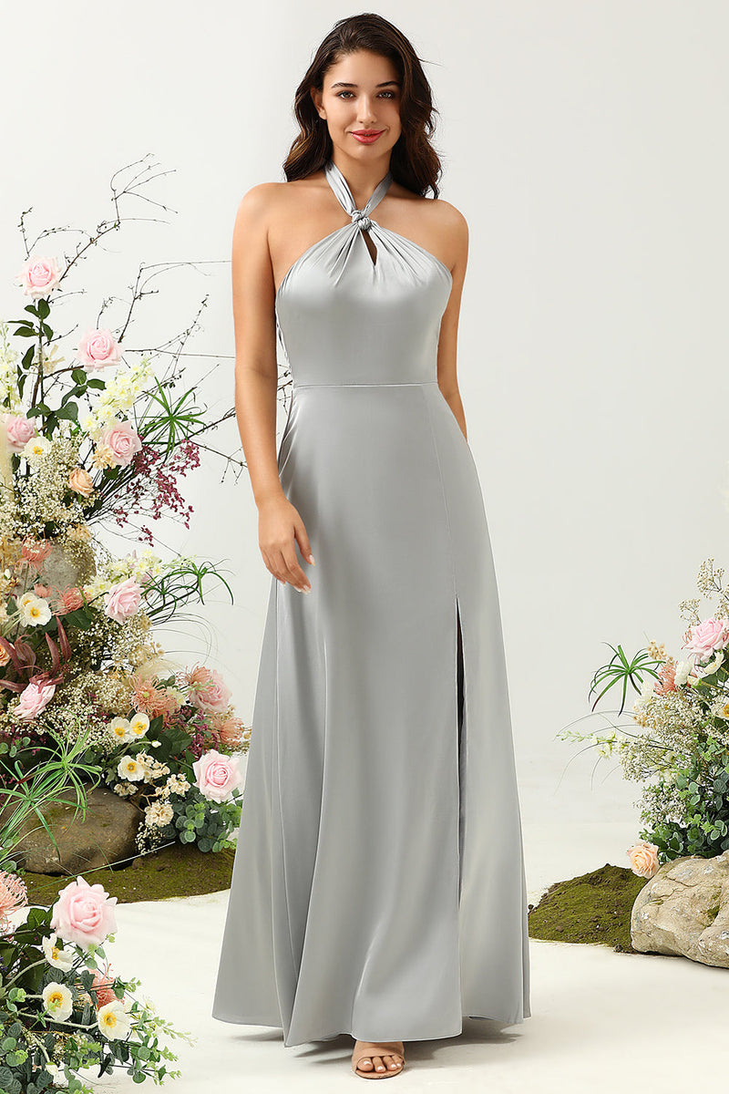 Load image into Gallery viewer, Simple Grey Halter Long Bridesmaid Dress with Slit