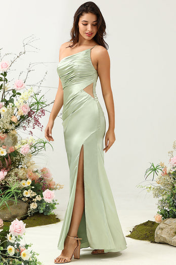 One Shoulder Satin Ruffles Wedding Guest Dress with Slit