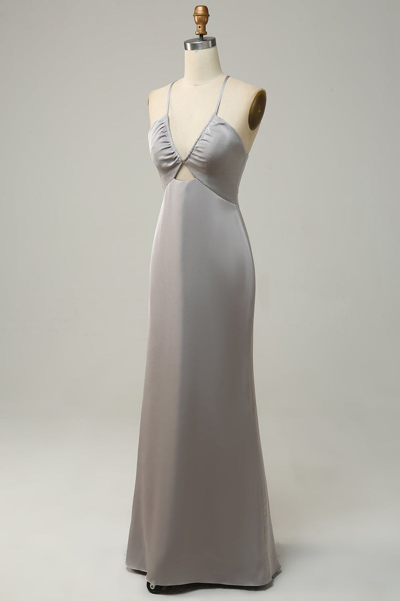 Load image into Gallery viewer, Mermaid Spaghetti Straps Grey Long Bridesmaid Dress with Open Back