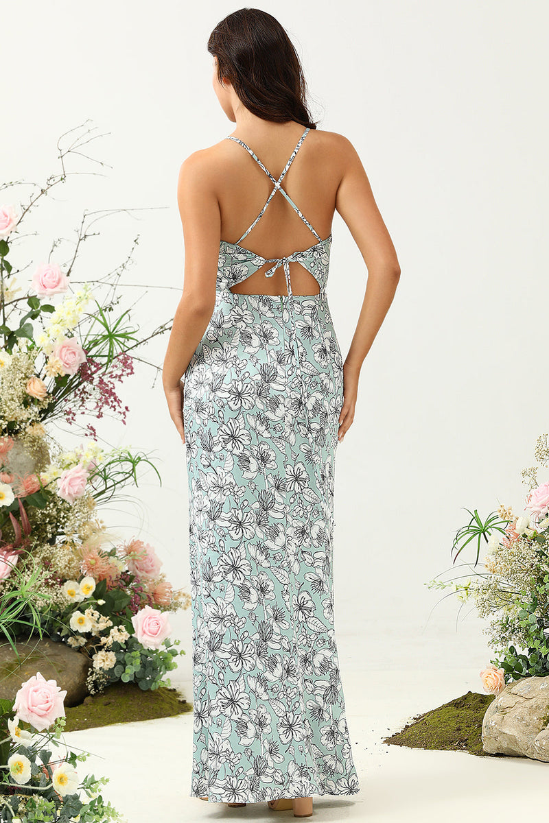 Load image into Gallery viewer, Grey Green Mermaid Floral Bridesmaid Dress