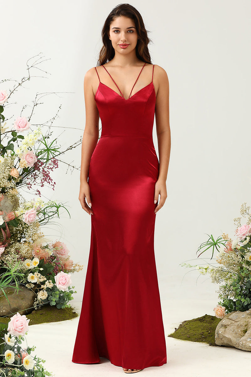 Load image into Gallery viewer, Mermaid Spaghetti Straps Burgundy Long Bridesmaid Dress with Backless