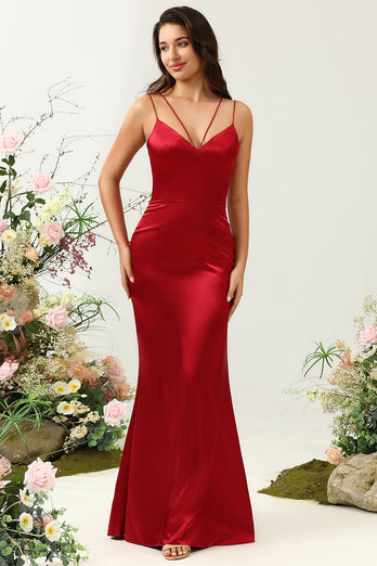 Mermaid Spaghetti Straps Burgundy Long Bridesmaid Dress with Backless