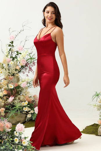 Mermaid Spaghetti Straps Burgundy Long Bridesmaid Dress with Backless