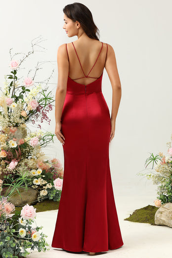 Mermaid Spaghetti Straps Burgundy Long Bridesmaid Dress with Backless