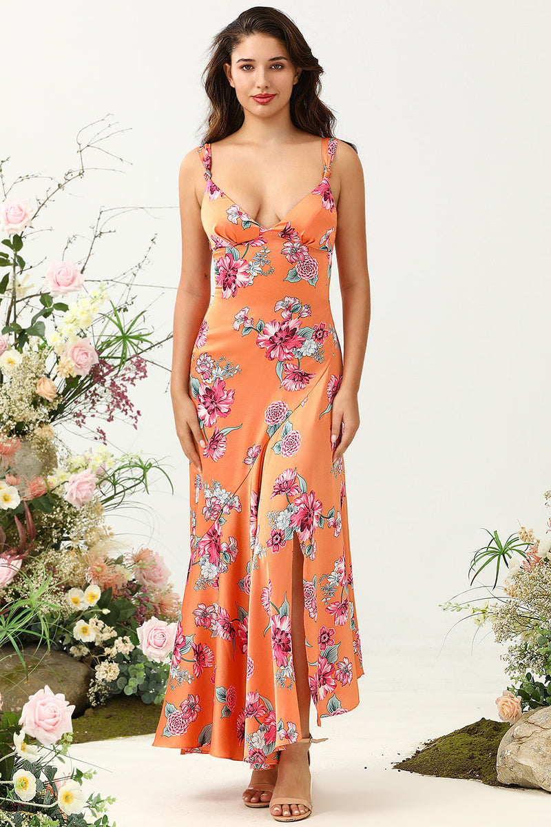 Load image into Gallery viewer, Orange Floral Asymmetrical Boho Bridesmaid Dress