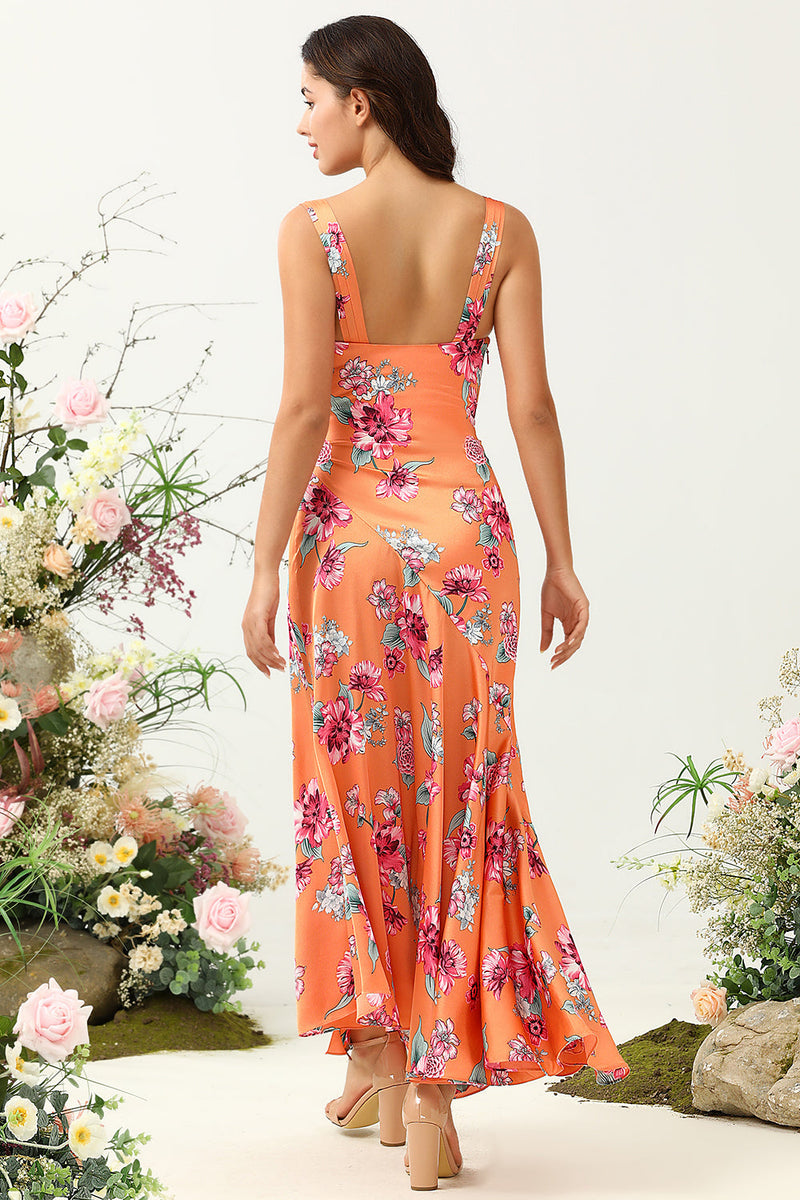 Load image into Gallery viewer, Orange Floral Asymmetrical Boho Bridesmaid Dress