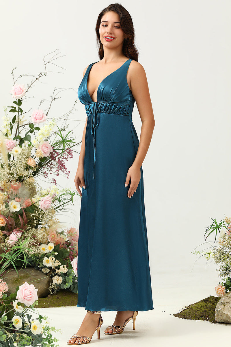 Load image into Gallery viewer, Ink Blue Satin Long Bridesmaid Dress