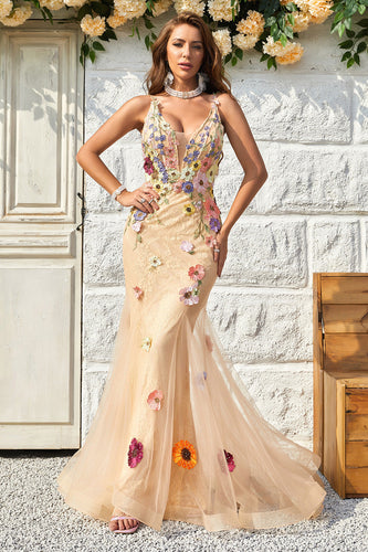 Spaghetti Straps Champagne Long Formal Dress with Appliques