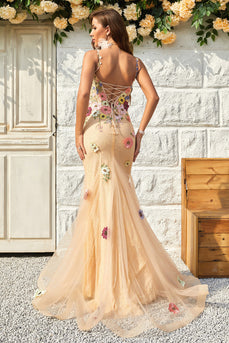 Spaghetti Straps Champagne Long Formal Dress with Appliques